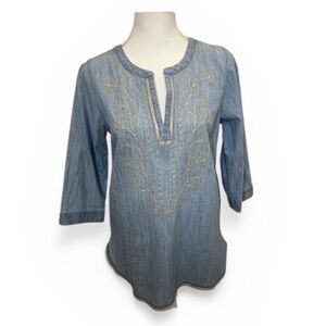 J.Jill Chambray Denim Size M Embroidered Denim Cottagecore Blouse Tunic Top
